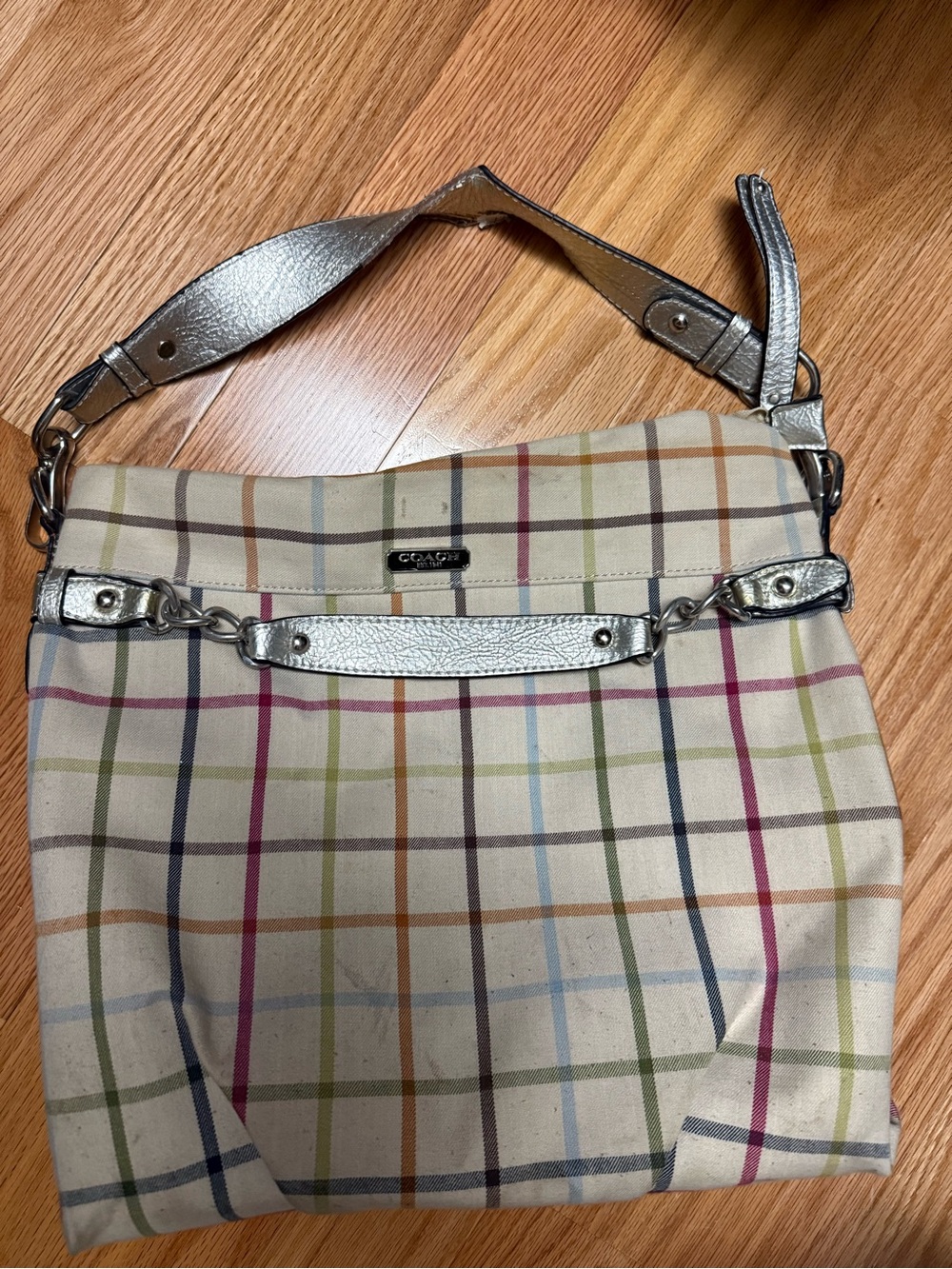 Coach Multicolor Plaid Canvas Shoulder Bag with Silver Trim